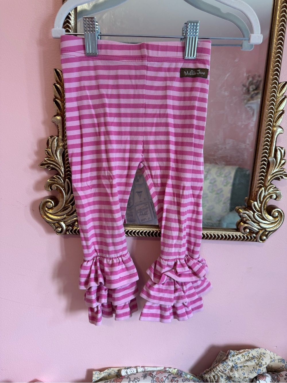 Matilda Jane Pink and White Striped Ruffle Leggings- PLAY CONDITION